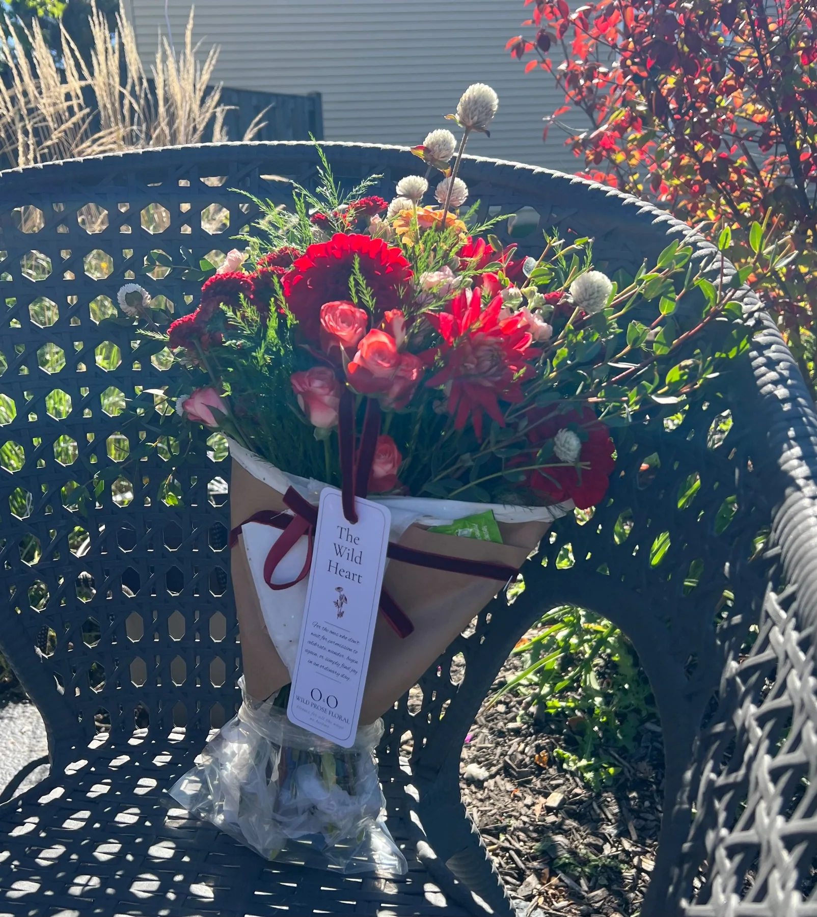 The Wild Heart bouquet with burgundy ribbon
